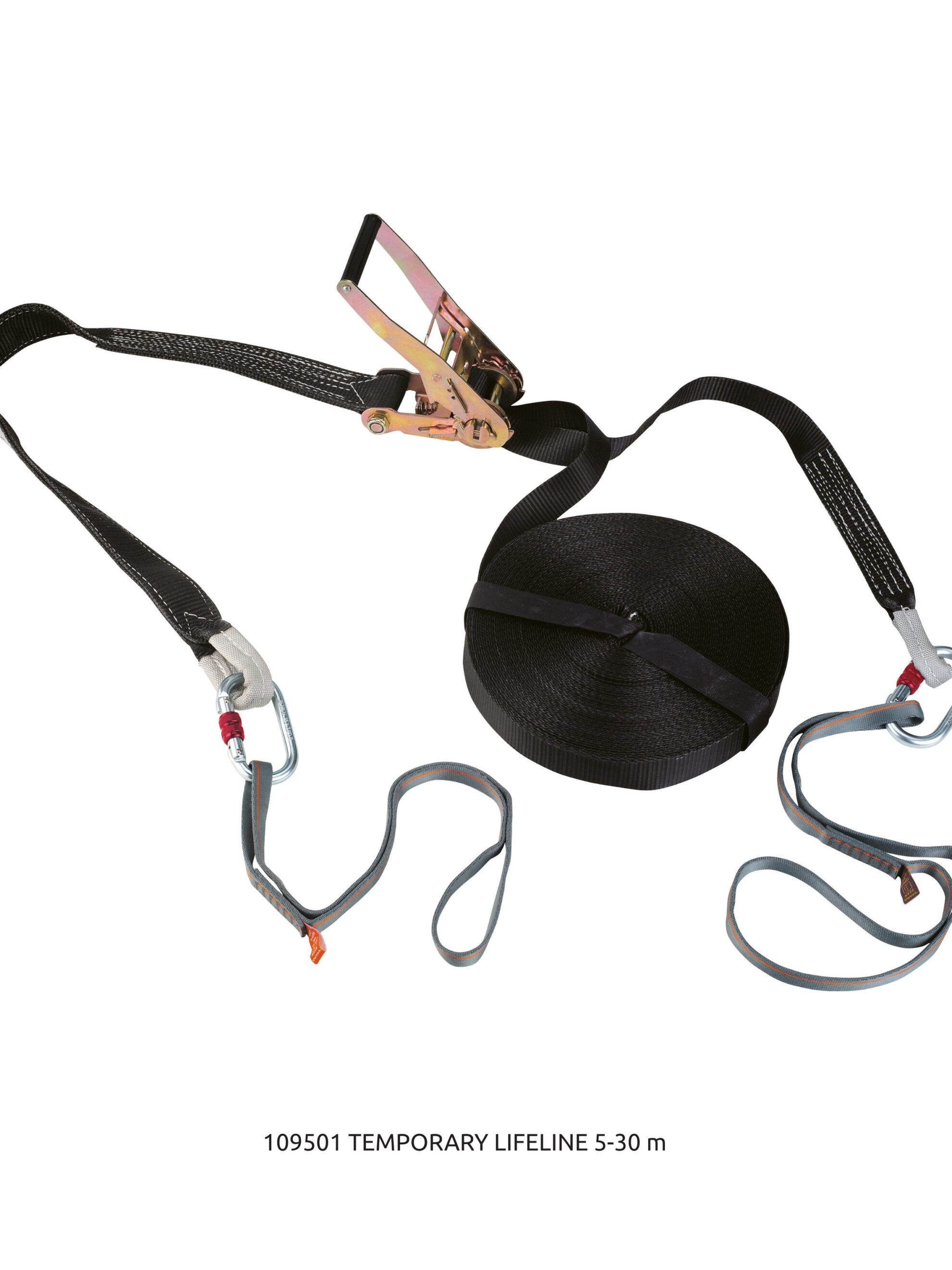 Camp mobil yaşam hattı Kırmızı Polyester Kolon, Çelik Gerdirme Cırcırı ve Karabinalar Title: CAMP Geçici Yatay Yaşam Hattı Set İçeriği Caption: 18m veya 30m seçenekli, tam donanımlı yaşam hattı kiti. Description: Ürünün paket içeriğinin toplu görünümü. Rulo halinde sarılmış kırmızı renkli dayanıklı polyester kolon, hattı gerdirmek için kullanılan metal cırcır mekanizması, iki adet siyah ankraj perlonu ve vidalı kilitli çelik karabinalar bir arada sergilenmektedir.